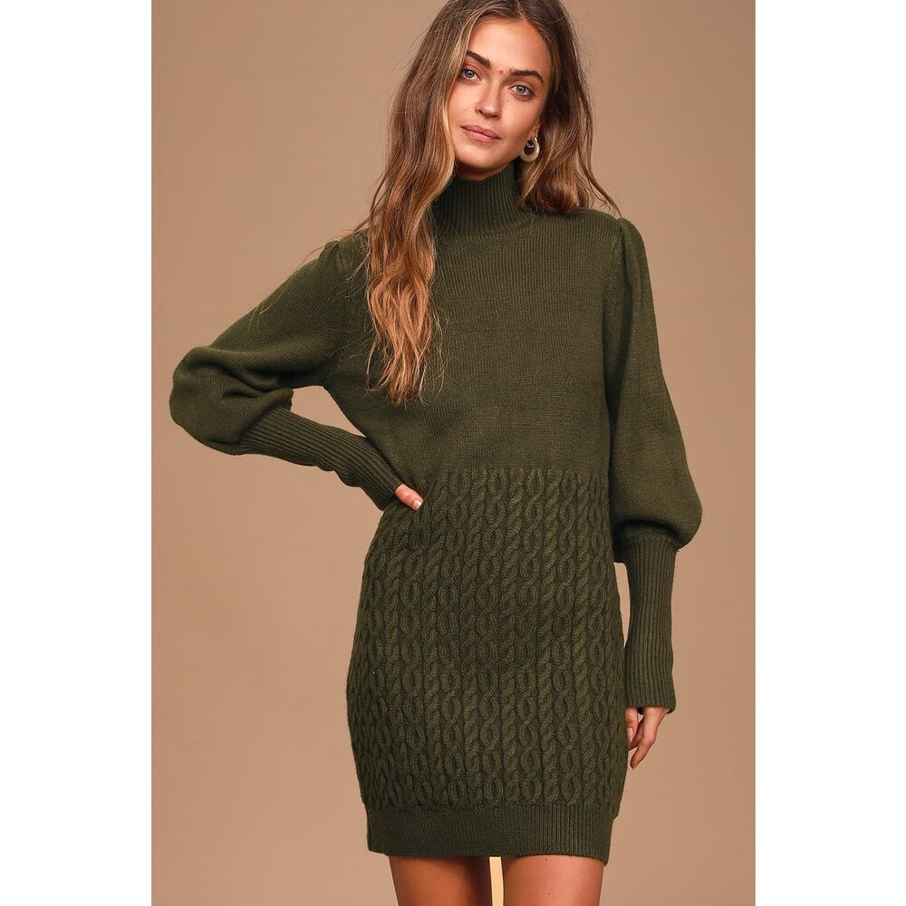 Lulu's Olive Green Cable Knit Sweater Dress